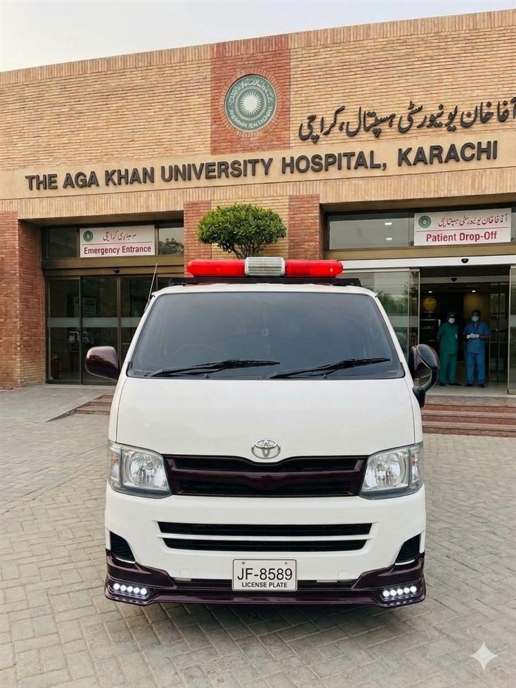 MH 24/7 ambulance at the Emergency Entrance of The Aga Khan University Hospital, Karachi