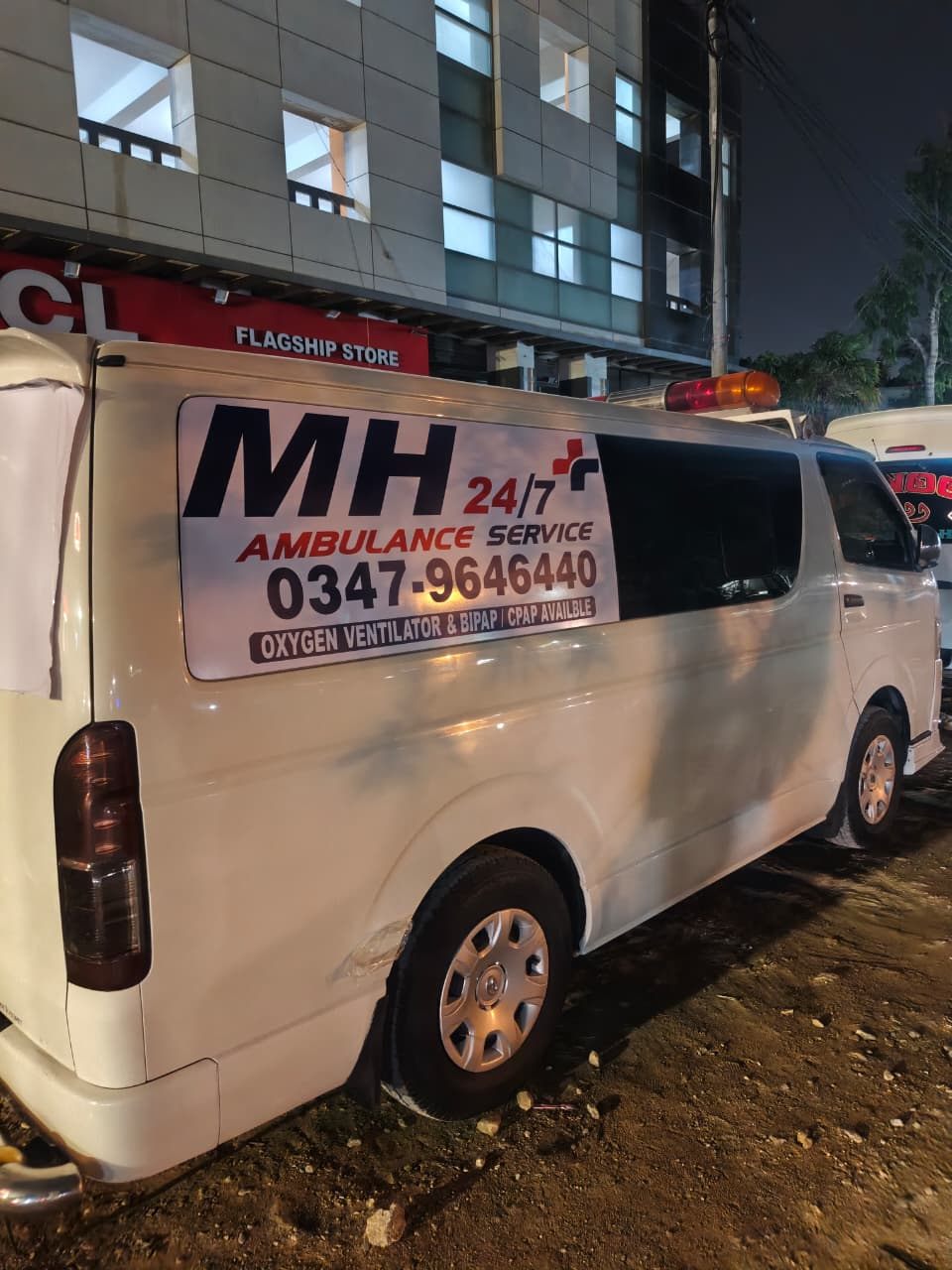 MH 24/7 ambulance vehicle on night duty in Karachi